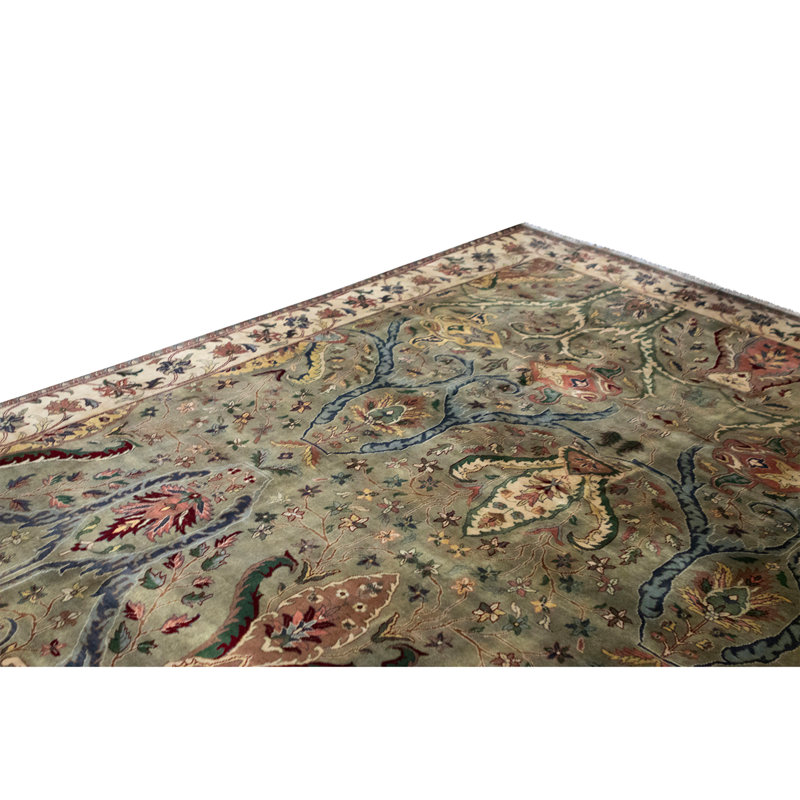 Hand Knotted Wool Oriental Area Rug in Green And Ivory