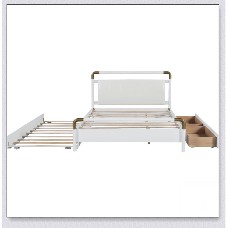 Grand lit plateforme en bois avec 2 grands tiroirs et lit gigogne T-XL, Blanc