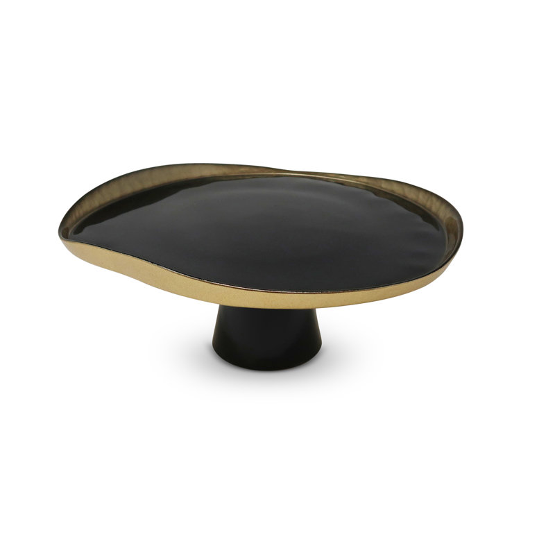 Organic Shaped Cake Plate with Gold Detail, 12.5" W x 6" H x 12.5" D, Black/Gold