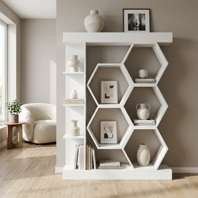 Bibliothèque géométrique moderne avec étagères hexagonales