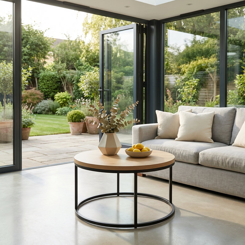 Modern Industrial Round Coffee Table with Sturdy Metal Base and Scratch-Resistant Wood Finish