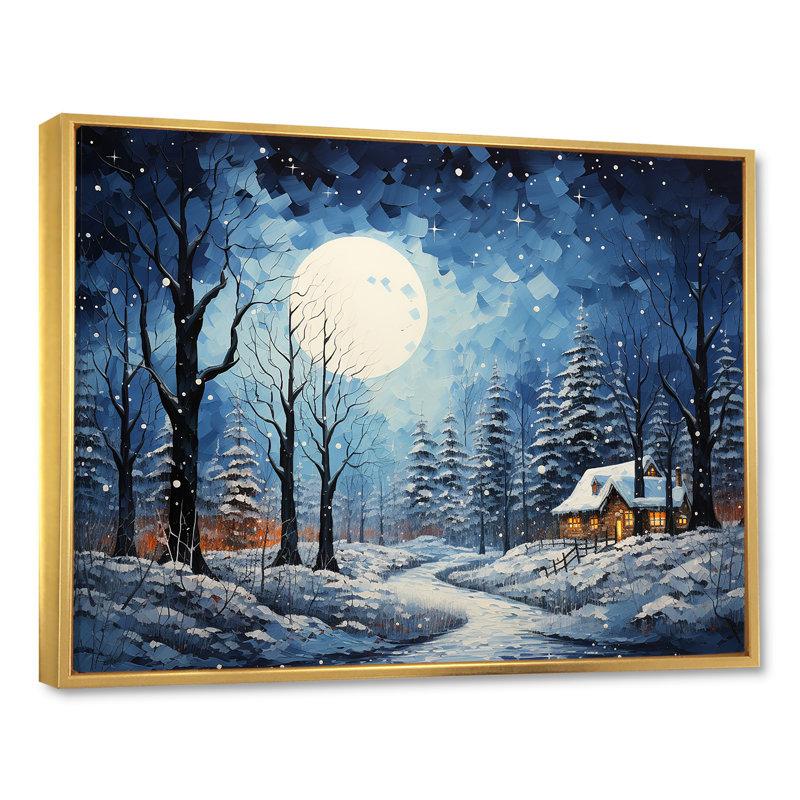 Paysage de chalet d'hiver de Noël III - Paysage d'hiver grand art mural, Cadre flottant doré, H 34 po x l 44 po x P 1,5 po