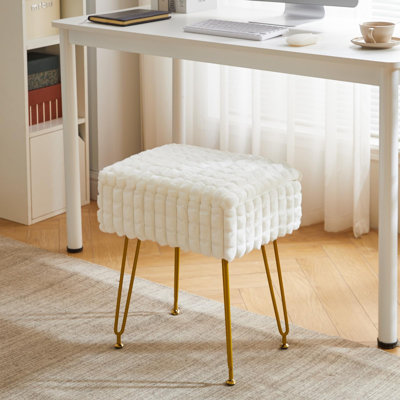 Rectangle Vanity Chair With Storage Space, Footrest Footstool Ottoman, Vanity Stool, Dressing Table Chair, With Anti-Slip Feet, Square Grid Pattern, White