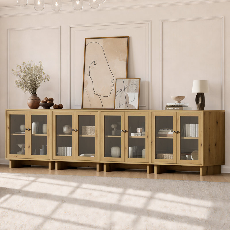 Buffet à portes vitrées de 80 cm de large avec tablette réglable et fini imitation bois (ensemble de 4), chêne naturel