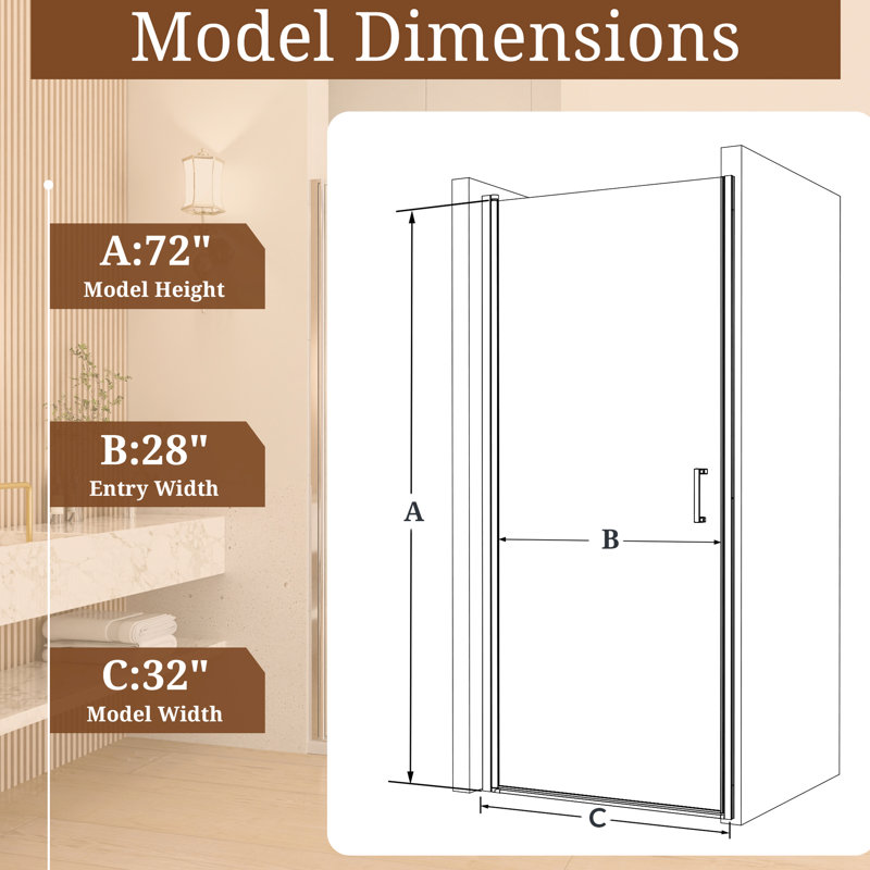32" W X 72" H Semi - Pivot Shower Door Matte Black, 6Mm / , Zero Leakage, Multifunctional Shaft Door, 1/4"  6Mm  Tempered Glass, Space Saving, Magnetic Soft Close