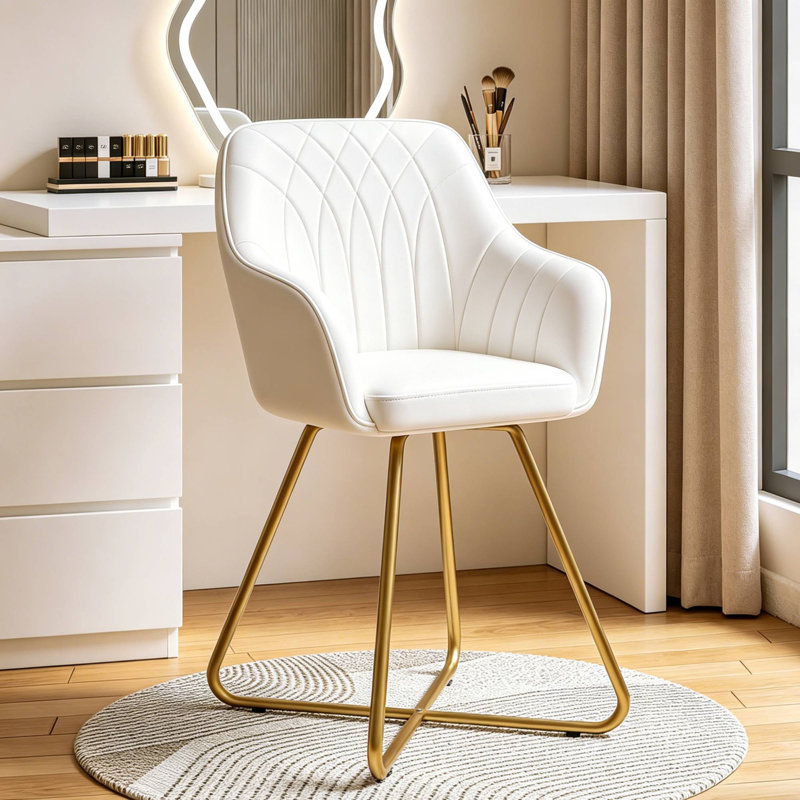 Akron Vanity Chair with Back, Faux Leather Makeup Chair with Gold Metal Base, Modern Upholstered Accent Chair for Bedroom, Home Office