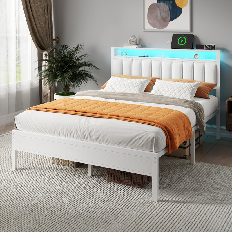 Bed Frame with Charging Station, LED Lights, Upholstered Headboard, 2-Tier Storage Shelve, Queen, White