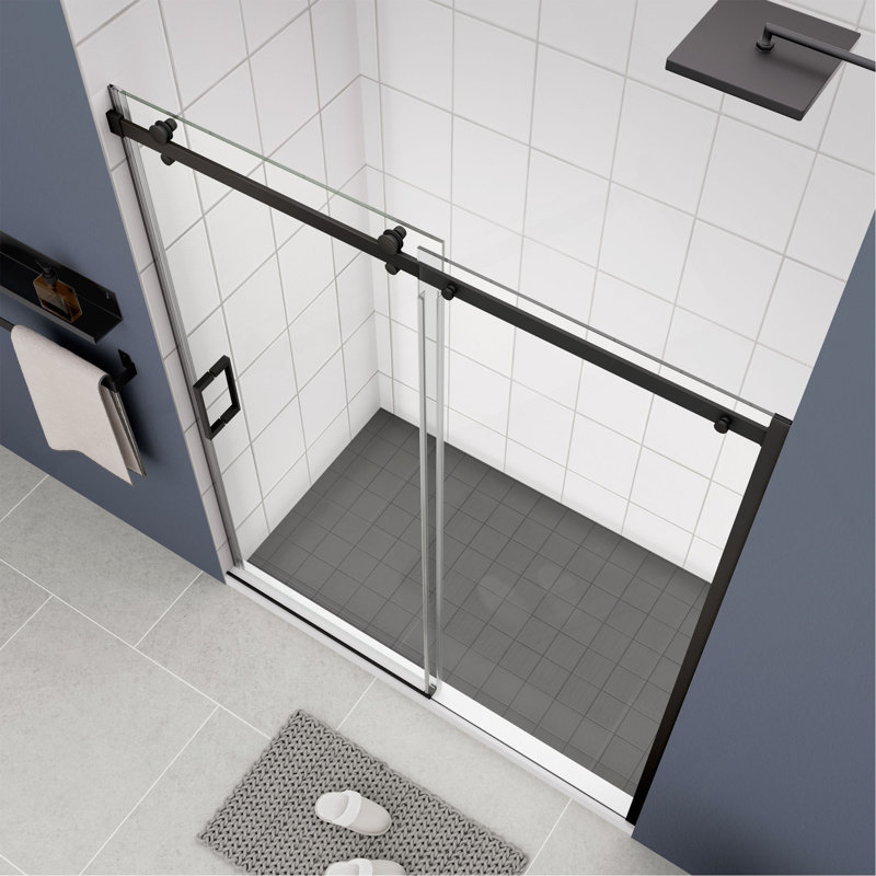 Porte de douche en verre, porte coulissante, verre trempé 5/16 po et fini noir mat 4874
