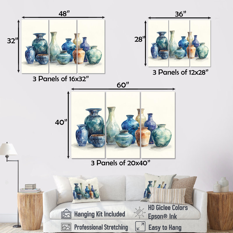 Ensemble de décorations murales vases bleus dans un motif II - Boho Pottery, H 28 po x l 36 po x P 1 po, Toile tendue