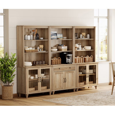 Scarlett Oak Pantry Cabinets, Farmhouse Large Sideboard Credenza Cabinet With Bar Hutch For Dining Room, Modern Buffet Cabinet, Large Storage Cabinet With Glass Doors And 5 Tier Shelve