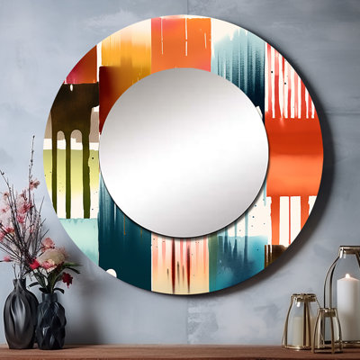 Skantze orange et bleu artistique expressions I - miroir géométrique, miroir mural rond unique moderne, impression sur métal