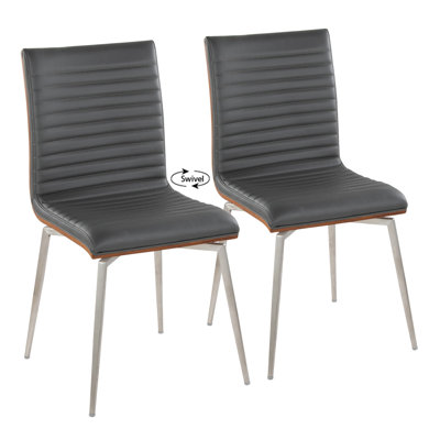 Contemporary Dining/Accent Chair With Swivel In Stainless Steel, Walnut Wood, And Black Faux Leather By Lumisource - Set Of 2