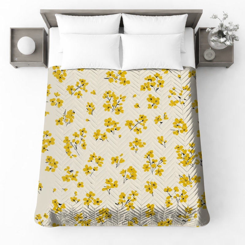 Couvre-lit matelassé à motif floral jaune, Double