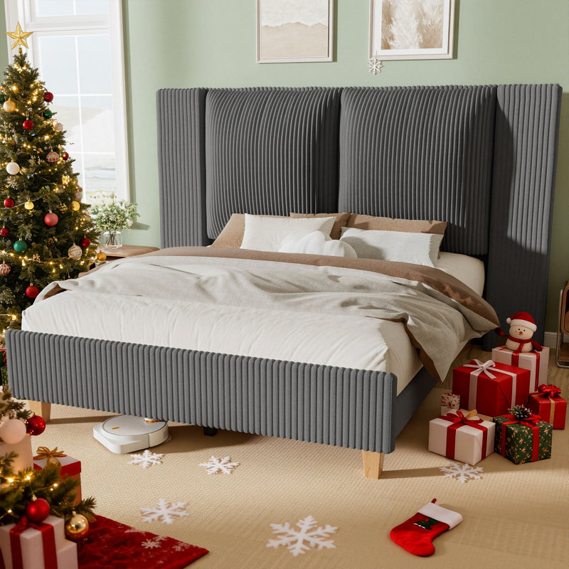 Upholstered Platform Bed Frame with Tall Wingback Headboard, Corduroy Modern Design,No Box Spring Needed, Easy Assembly, Gray