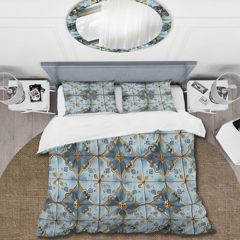 Ensemble de housse de couette à motif floral bleu et doré Vintage II, Housse de couette simple + 2 taies décoratives st