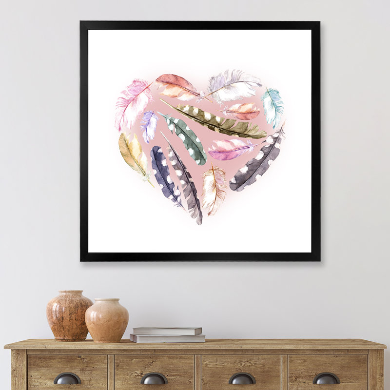 «Ethnic Feather Heart», impression sur toile encadrée, H 30 po x l 30 po x P 1 po, Cadre noir