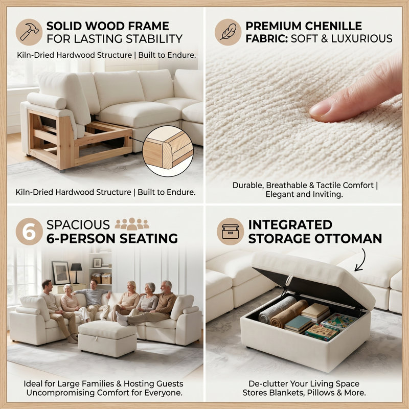 7 - Piece L Shaped Chenille Modular Sofa Living room Corner Sofa Sectional Couch with Storage Ottoman, White