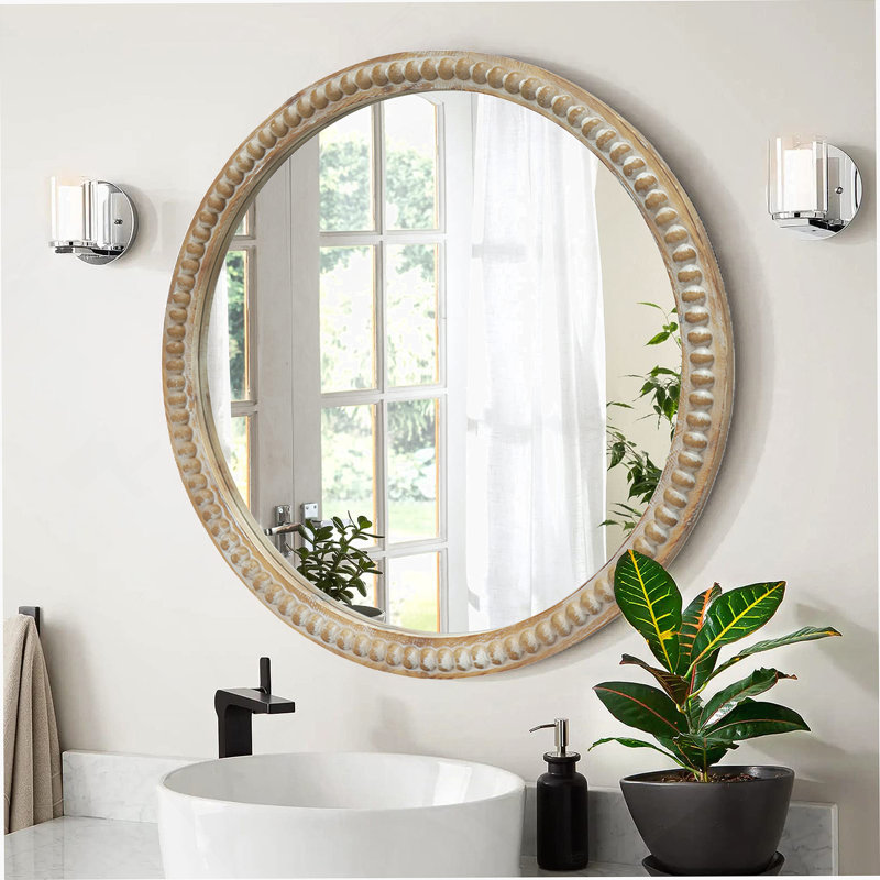 Miroir mural rond rond, miroir à cadre perlé en bois vieilli 31,50 po pour hall d'entrée, salon, salle de bain, miroir décoratif de style maison de campagne