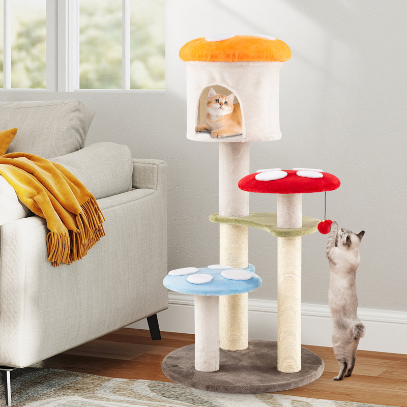Cute Mushroom Cat Tree 48'' Tall Cat Tower w/ Sisal Scratching Posts Top Condo