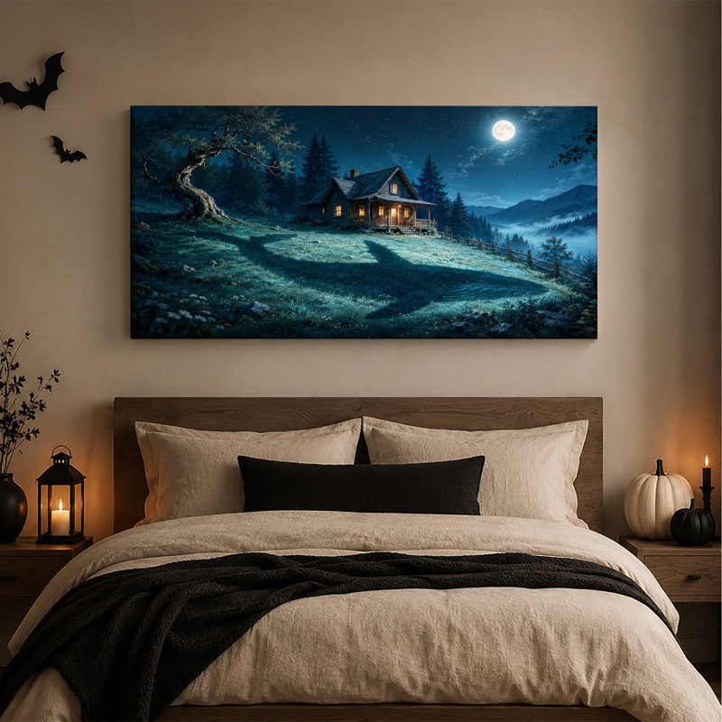Cabane en rondins au clair de lune avec ombre de queue de baleine sur toile murale d'Halloween, L 32 po x H 16 po