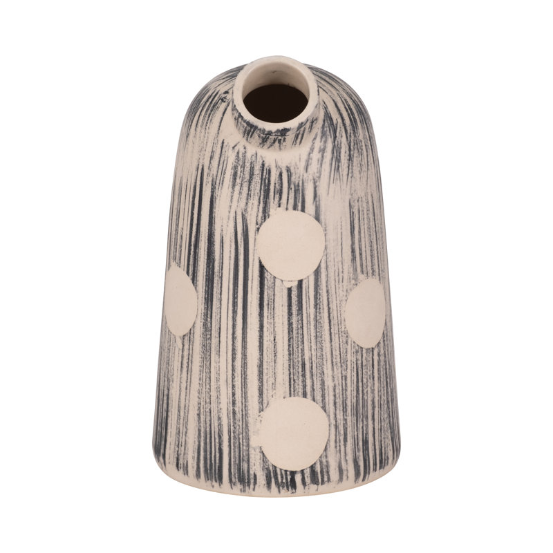 Vase Stoneware Blue & Ivory Striped Polka Dot Design 11" Blue Casual Home Decor for Living Room, Bedroom, Office, Entryway Display Accent in Modern Rustic or Contemporary Interiors.