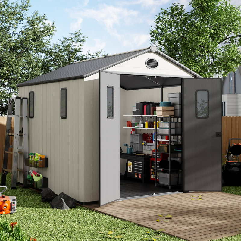 8ft×8ft Resin Storage Shed, Outdoor Storage Shed With Floor and Double Doors for Garden Patio Furniture and Tools