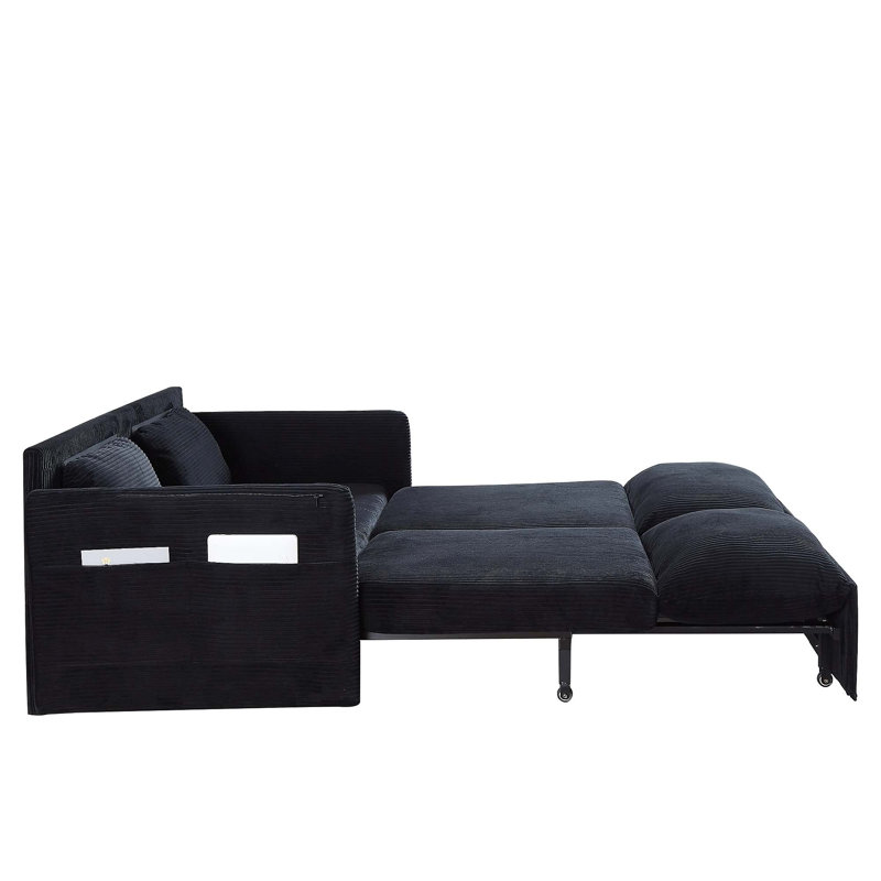 64.5 Inch 3-in-1 Adjustable Sleeper Sofa Bed | Pullout, Soft Corduroy, 2 Pillows & Side Pockets, Black Corduroy