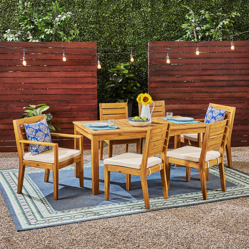 Ensemble de salle à manger d'extérieur en bois d'acacia extensible 6 places avec coussins, sablé naturel et beige