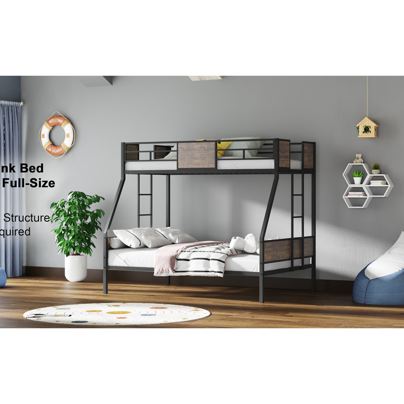 Lits superposés, cadre de lit superposé en métal avec garde-corps de sécurité et 2 échelles pour enfants, cadre en métal robuste et supports de panneau de protection, aucun sommier nécessaire, assemblage facile