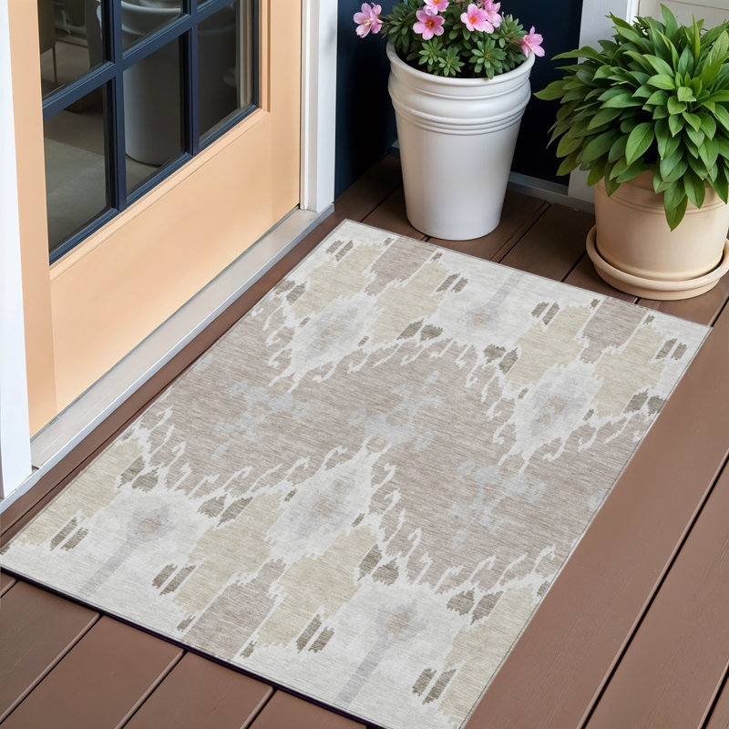 Tapis ivoire beige lavable pour l'extérieur 3 pi x 5 pi Ikat