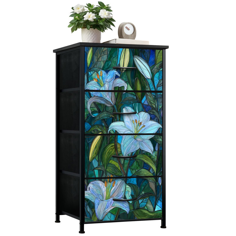 Commode pour la chambre à coucher avec 4 tiroirs de rangement en mosaïque de style vitrail bleu vert lys tourbillonnant commodes commode en acier en tissu pour vestibule