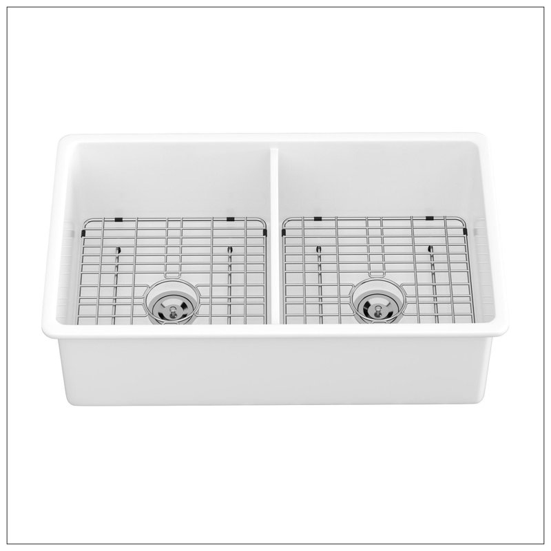 32" Undermount Double Bowl Ceramic Kitchen Sink - Dual Mount White Ceramic Rectangular Deep Double Bowl Sink Basin