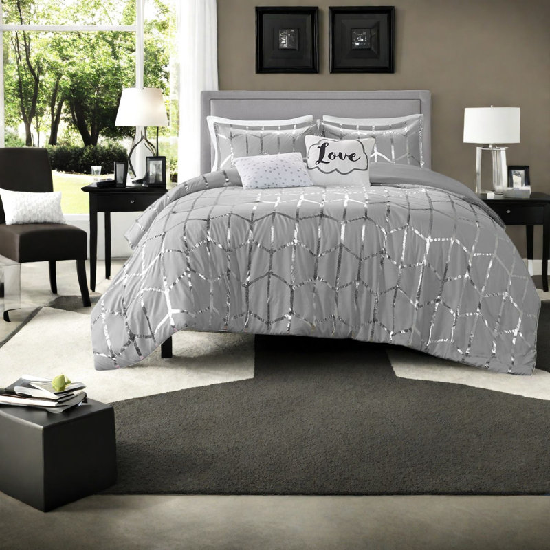 Ensemble de literie à motif géométrique gris et argent pour maison moderne
