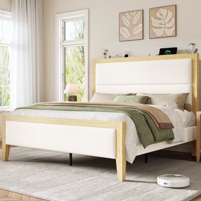 Solid Wood Platform Bed With Upholstered Headboard, White