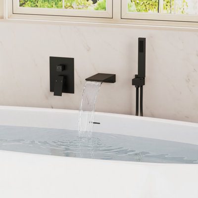 Solid Brass Waterfall Bathtub Faucets with Anti-Scald Pressure Balance Valve, Wall Mounted Tub Spout with Handshower