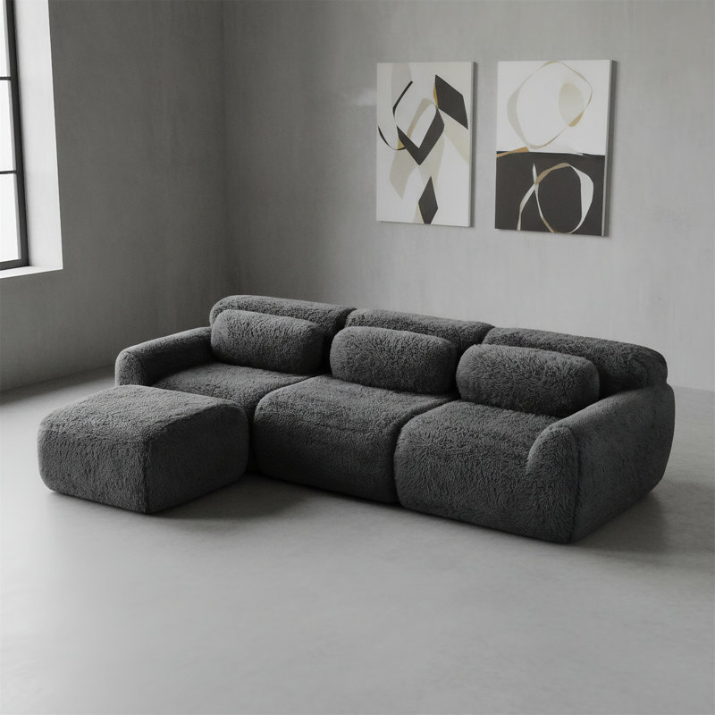 Canapé en velours côtelé à quatre places de 135 pouces avec deux coussins décoratifs en forme de L, Gris foncé
