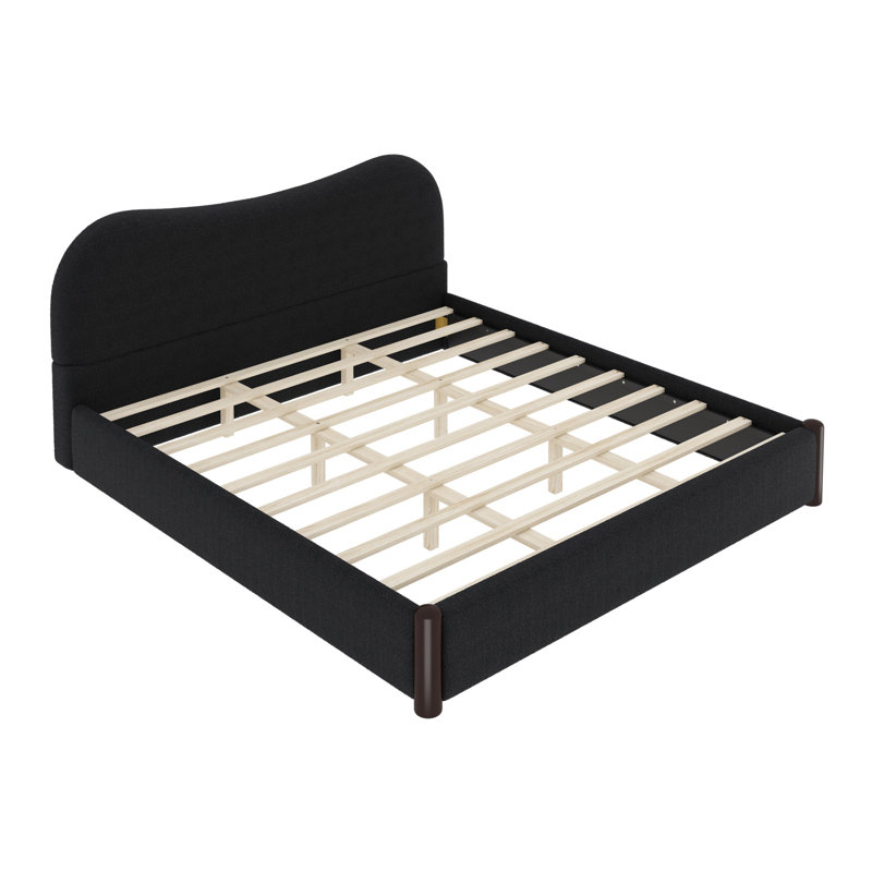 Très grand lit plateforme tapissier avec pieds en bois, noir, Black, Très grand lit