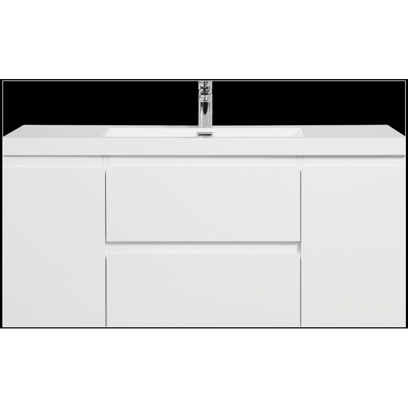 Meuble-lavabo flottant mural 48 po avec lavabo en résine et tiroirs à fermeture en douceur, finition blanche brillante pour salle de bain moderne
