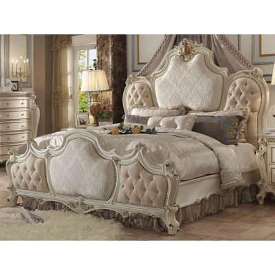 Tufted Beige Upholstered 100% Polyester Bed With Nailhead Trim