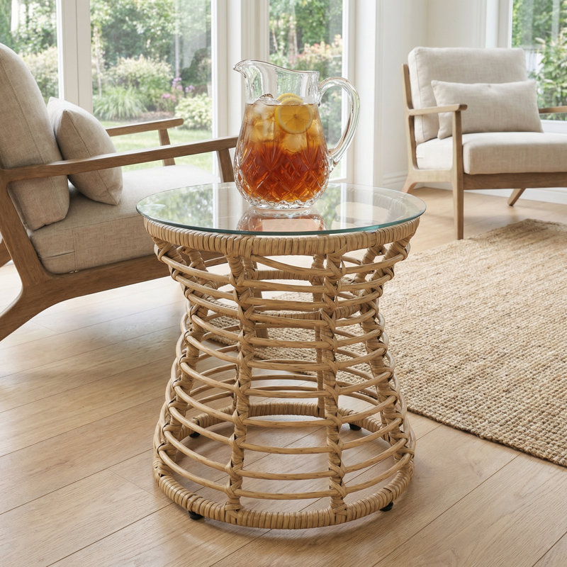  Table d'appoint d'extérieur en rotin en osier avec plateau en verre trempé brun clair San Pedro