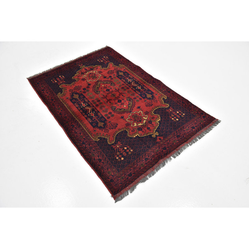 Tapis de zone en laine rouge/bleu 3 pi 5 po x 5 pi one-of-kind-noué la main Auxvasse
