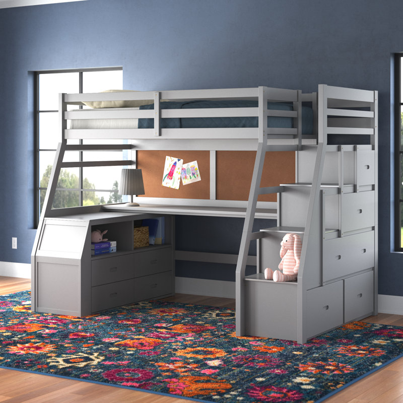 Lit mezzanine simple contemporain Jeramiah avec bureau et tiroirs de rangement gris