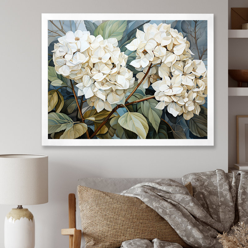 «Cubist Hydrangea L'interpretation» - art mural hortensia, H 30 po x l 40 po x P 1,5 po, Cadre simple blanc