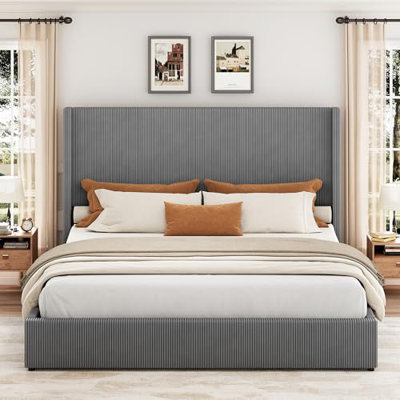 Upholstered Platform Bed Frame with Storage Drawers, Corduroy Wingback with Tufted Headboard