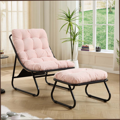 Patio Outdoor Lounge Chair With Ottoman, Comfy Sling Recliner Chair With Puffy Cushion And Foot Stool, Ideal For Living Room, Bedroom, Reading Room, Beige Frame With Beige Cushion
