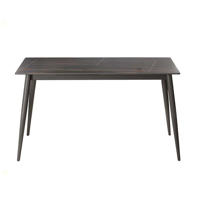 Table de salle à manger 55,12 po en pierre artificielle noire moderne à bords droits et pieds gris foncé en métal pouvant accueillir 6 personnes (table de salle à manger seulement)