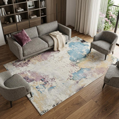 Tapis abstrait beige et bleu 7 pi x 10 pi