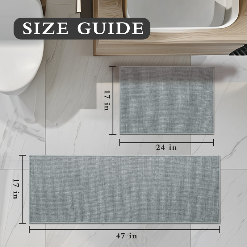 2 Piece Linen-Look Bath Rug Set with Non-Slip Backing, Light Gray