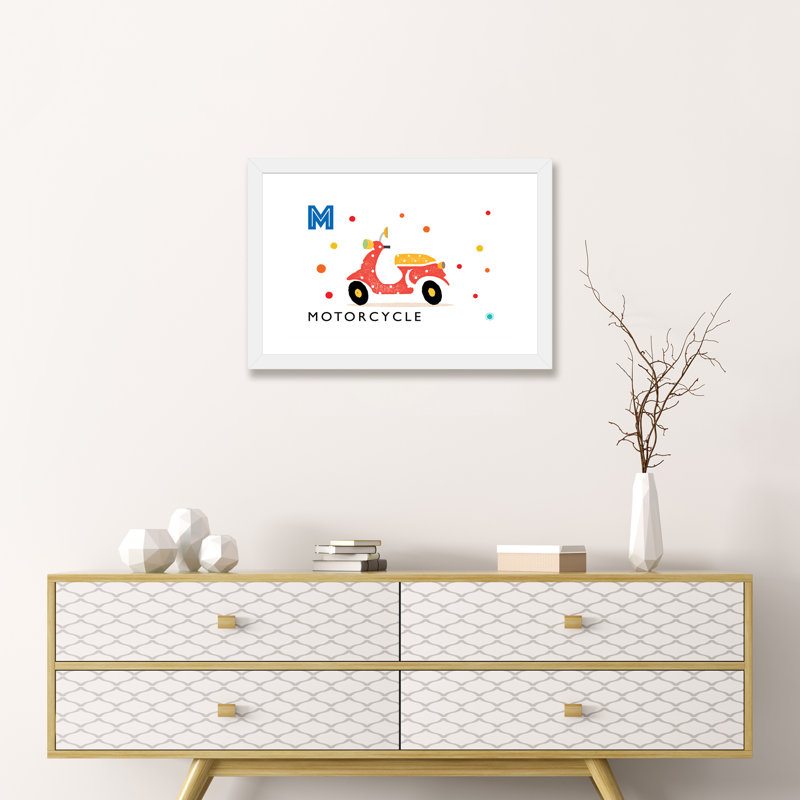 «M Is for Moto» - impression d'art graphique, H 16 po x l 24 po x P 1 po, Papier encadré blanc, Blanc