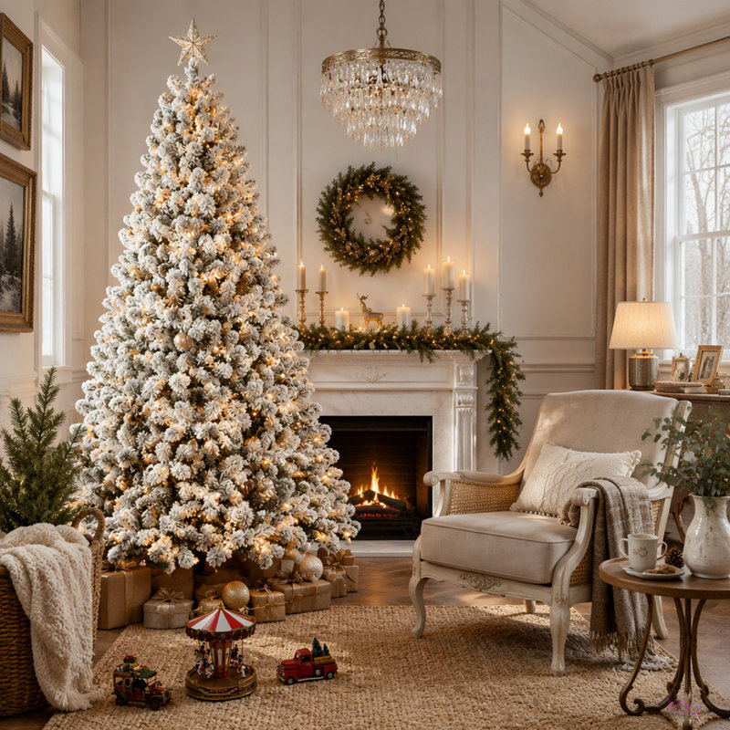 Arbre de Noël 9 pi floqué avec 650 lumières chaudes UL, embouts en PVC de 1930, fil à mémoire dépliable, assemblage facile et support en métal stable - décor des Fêtes enneigé